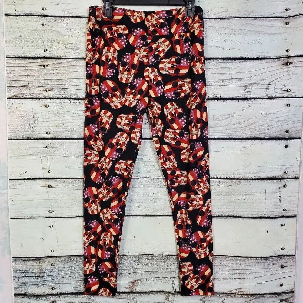 LuLaRoe TC Tall & Curvy (12-18) Leggings USA Skull Flag Print Red White Blue Pat